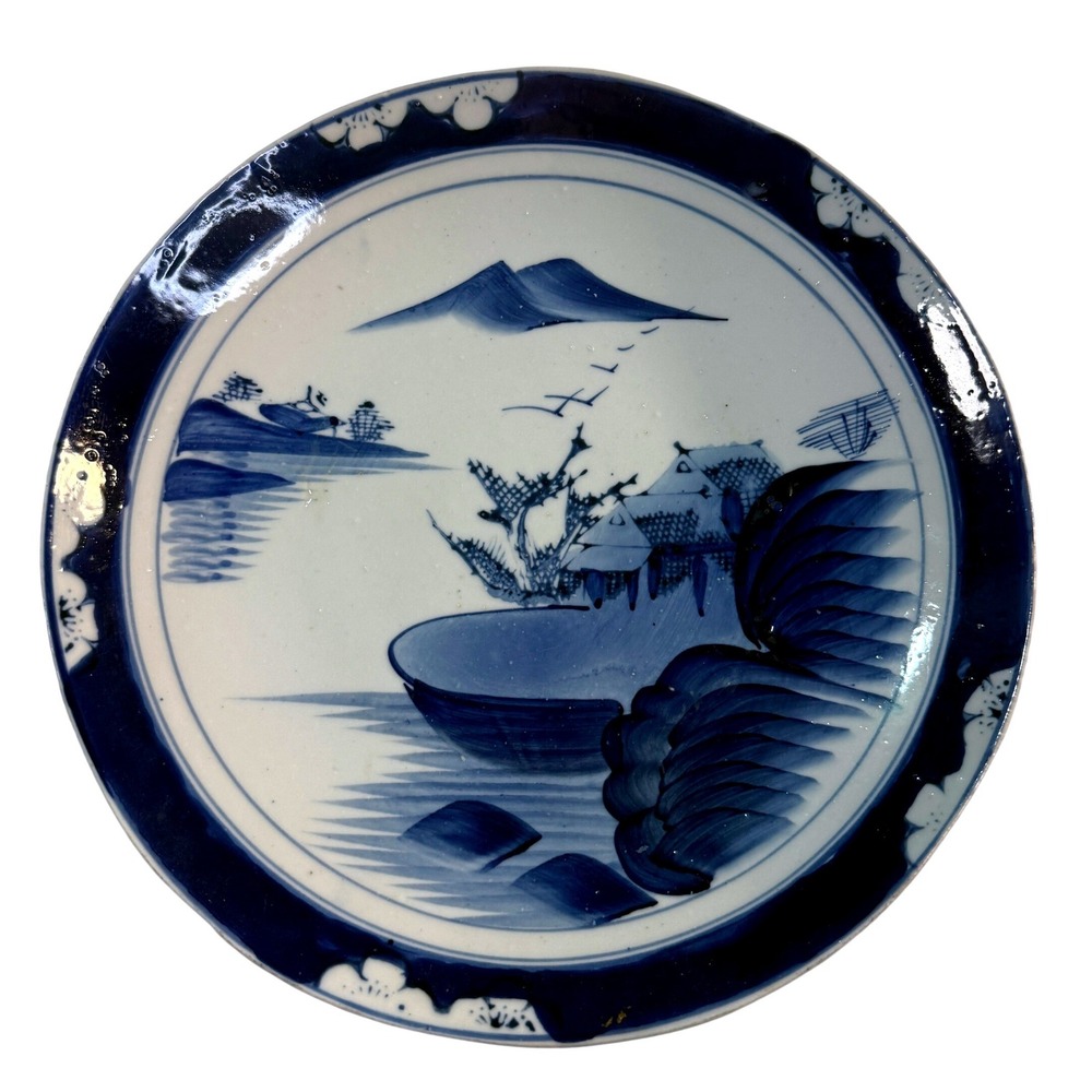 Antique Japanese Meiji Mt Fuji Sometsuke Plate Blue White c1890 Chinoiserie Deco